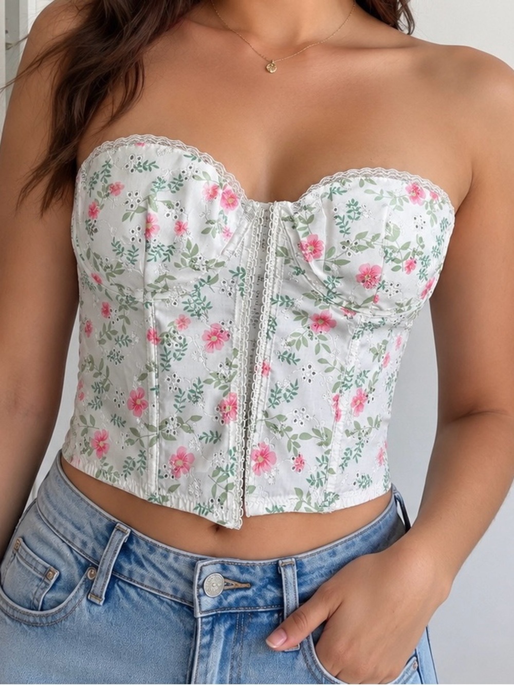 Floral Corset Top — White with Pink & Green Floral Print